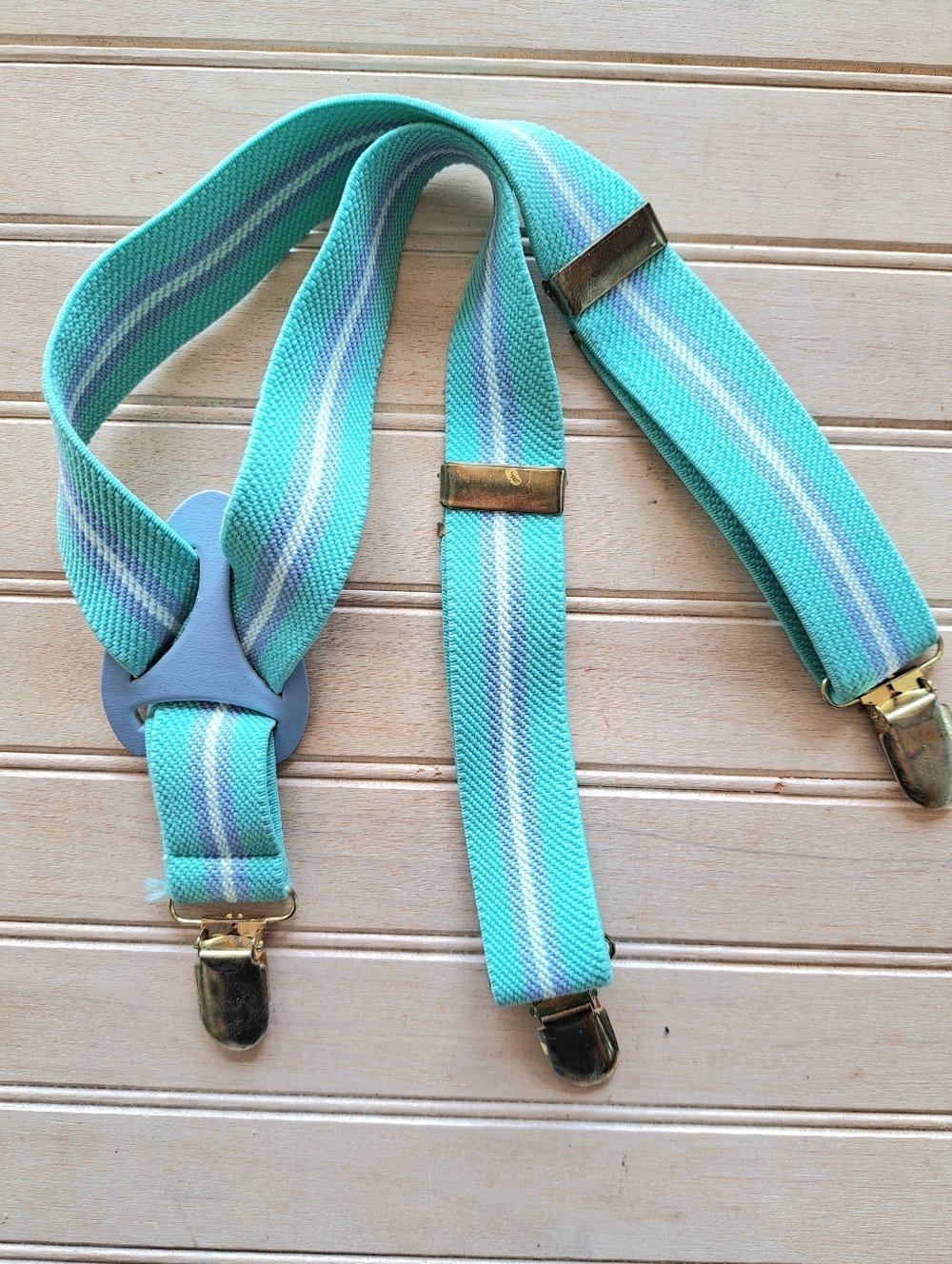 Vintage Infant Boy Elastic Suspenders Aqua Blue Striped Clip-On Braces Formal